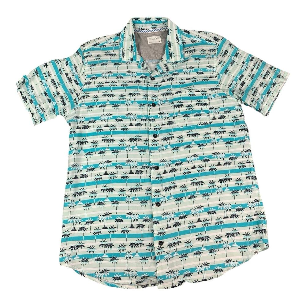 Sovereign Code Men Shirt XL Teal Green Palm Tree Pattern Short Sleeve Button Up